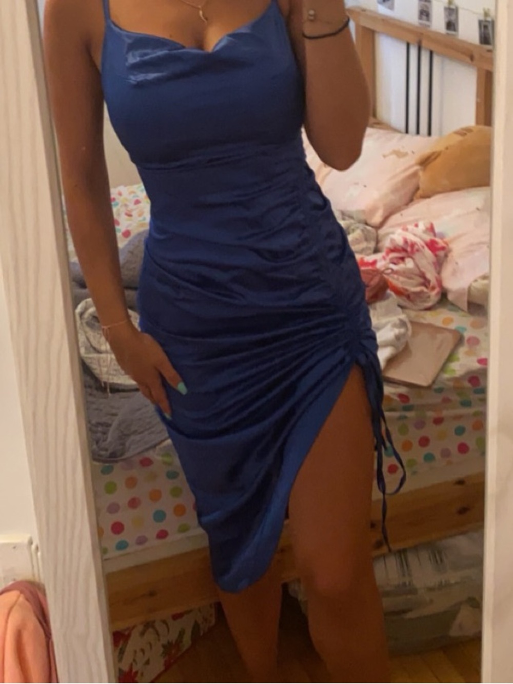 Missguided Blue Satin Cowl Ruched Side Midi Dress - Picture 5 of 5